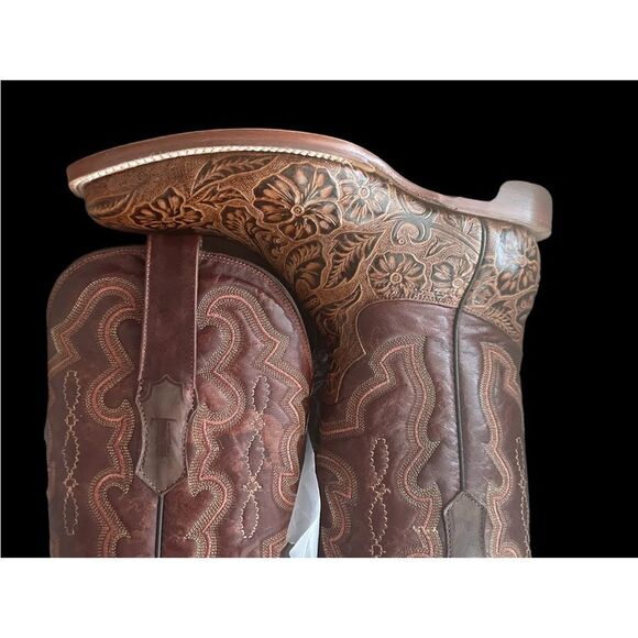 Leather Tanner Mark Hand Tooled Western Boot Broad Square Toe Men 8/Women - Picture 3 of 16